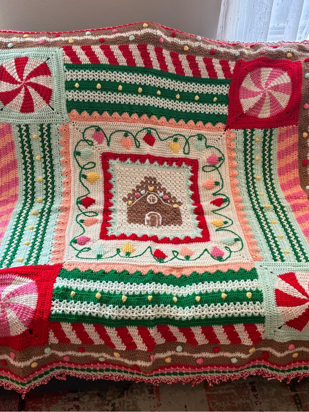 Handmade Holiday Gingerbread Crochet Throw Blanket - Red, Green, Cream